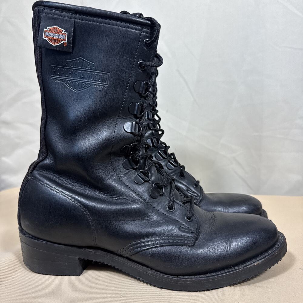 VINTAGE Harley Davidson Black Leather Combat Boots Lace Zip Up 9 Oil Resistant